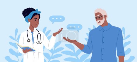 Illustration for A family doctor is talking to an elderly patient. Elderly awareness of Parkinsons disease, prostate cancer, Alzheimers, cardiovascular disease, cancer, osteoporosis, arthritis, Parkinsons disease - Royalty Free Image
