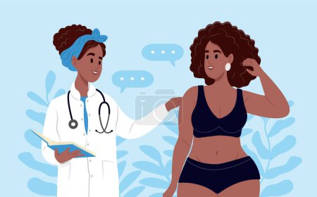 Ilustración de Día de la obesidad. Médico femenino afroamericano explica cómo perder peso a un paciente obeso mediante la elección de buenos alimentos saludables, instrucción de control de grasa, control de calorías - Imagen libre de derechos