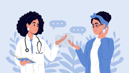 Illustration for A family doctor is talking to an elderly patient. Awareness of the elderly about, Alzheimers disease, Cardiovascular diseases, Cancer, Osteoporosis, Arthritis, Parkinsons disease, Diabetes - Royalty Free Image
