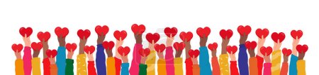Hands raised up hold hearts, share compassion and hope with those in need.Multinational palms of human hands give support and help, participate in charity organization, volunteerism and social