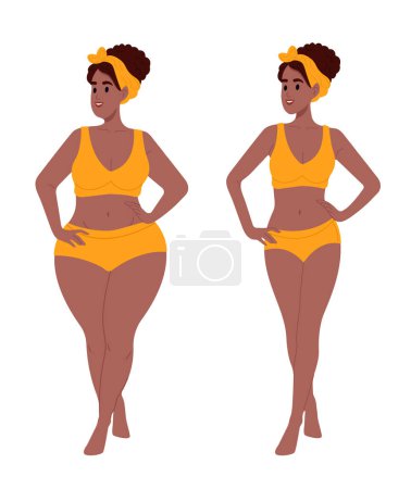 Téléchargez les illustrations : Avant et après la perte de poids. Femme afro-américaine en surpoids debout devant une femme mince, mince et tonique. Fat and overweight figure concept. Illustration vectorielle - en licence libre de droit