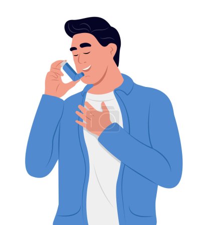 Téléchargez les illustrations : L'homme utilise un inhalateur contre l'asthme. Journée mondiale de l'asthme. Asthme bronchique. Allergie, asthme. Médicament pour inhalation - en licence libre de droit