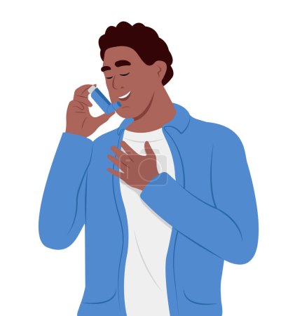 Ilustración de Un joven sonriente usa un inhalador de asma contra el ataque. Día mundial del asma. Asma bronquial. Alergia, asmática. Medicamento para inhalación - Imagen libre de derechos