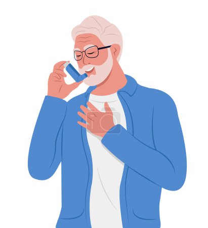 Téléchargez les illustrations : L'homme âgé utilise un inhalateur d'asthme contre les attaques. Journée mondiale de l'asthme. Asthme bronchique. Allergie, asthme. Médicament pour inhalation - en licence libre de droit