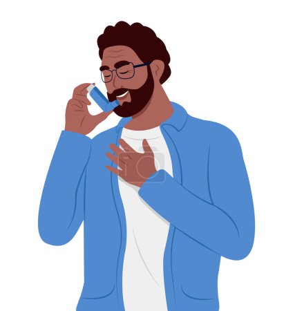 Illustration for A smiling black elderly man uses an asthma inhaler against attack. World asthma day. Bronchial asthma. Allergy, asthmatic. Inhalation drug - Royalty Free Image