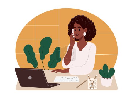 Manager is talking to a customer during a phone call. A black woman is talking on the phone at work in the office. Vector flat illustration