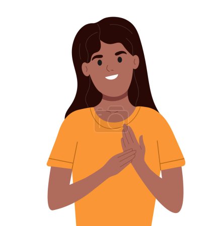 Ilustración de La persona se comunica en lenguaje de señas. Mujer afroamericana sorda y muda sobre fondo blanco. Un adulto aprende lenguaje de señas para sordos discapacitados - Imagen libre de derechos