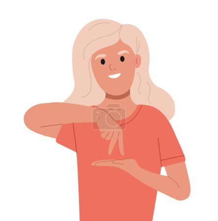 Ilustración de Un adulto aprende lenguaje de señas para sordos discapacitados. Mujer sorda y muda sobre fondo blanco. Persona comunicarse en lenguaje de señas - Imagen libre de derechos