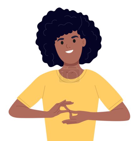 Ilustración de La persona se comunica en lenguaje de señas. Mujer afroamericana sorda y muda sobre fondo blanco. Un adulto aprende lenguaje de señas para sordos discapacitados. - Imagen libre de derechos