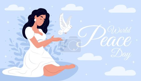 Illustration for Dove of peace and woman. Peace symbol, horizontal banner - Royalty Free Image