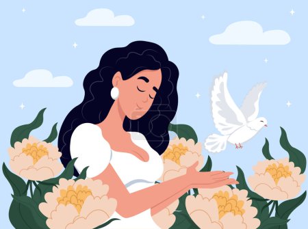 Illustration for Peace. No war. Vector illustration of doves of peace, poster and banner design. Dove of peace and woman. World Peace Day. - Royalty Free Image