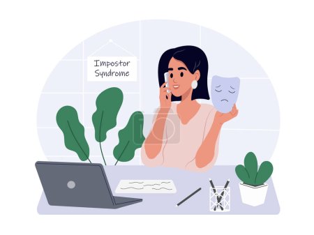 Illustration for A woman with imposter syndrome works in an office - Royalty Free Image