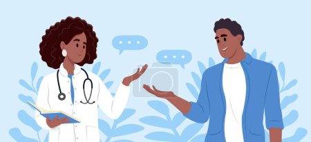 Illustration for An African-American female family doctor is talking to an elderly African-American male patient - Royalty Free Image