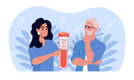 Illustration for Doctor holding a test blood sample tube for analysis of PSA Prostate Specific Antigen. Blood tube test with requisition form for PSA Prostate Specific Antigen test - Royalty Free Image