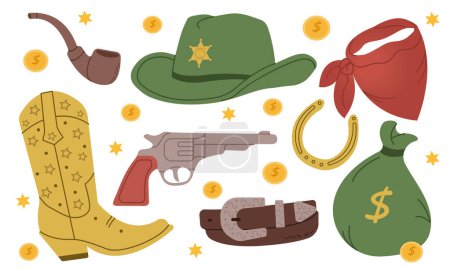 Wild west set. Cowboy boots, hat, gun,hatch for smoking, belt, horseshoe, money bag, neck scarf
