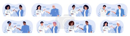 Illustration for Doctors and patients of different races and ages. Male and female doctors talking to patients during consultation - Royalty Free Image