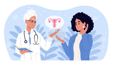 Illustration for Family doctor talks to a patient with uterine endometriosis. The doctor explains the results of the gynecological examination. Womens diseases and prevention of womens health - Royalty Free Image