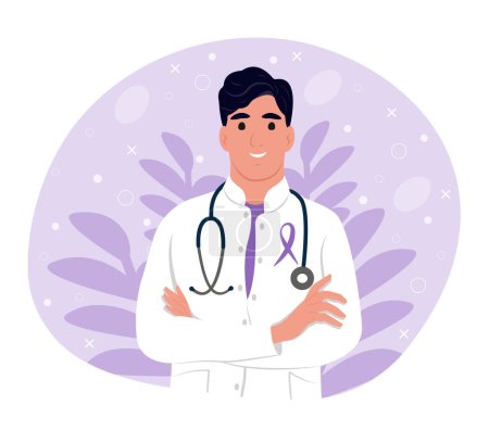 Illustration for Purple awareness of ribbon. Doctor in medical uniform. Woman doctor portrait. Doctor with a stethoscope. Smiling therapist, general practitioner with crossed arms - Royalty Free Image