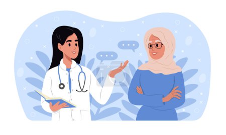 Illustration for A family doctor is talking to an elderly woman in a hijab. Elderly awareness of Alzheimers disease, cardiovascular disease, cancer, osteoporosis, arthritis, Parkinsons disease, diabetes - Royalty Free Image