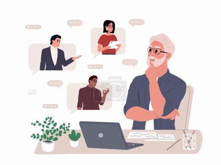 Illustration for Business online meeting. A set of scenes with office workers discussing a project on a remote video - Royalty Free Image