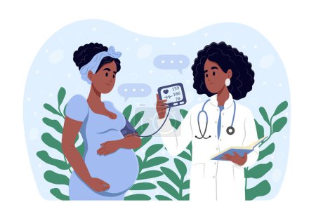 Doctor measuring blood pressure of her pregnant patient. Preeclampsia awareness month. Vector illustration