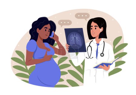 Illustration for World Asthma Day. Pulmonary diseases. Allergy, asthmatic. A smiling doctor is holding an x-ray of a pregnant womans lungs in his hand - Royalty Free Image