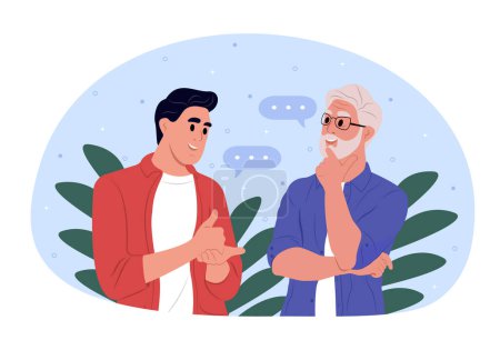 A pair of deaf and mute people communicate using sign language. An elderly man and a hearing-impaired young man