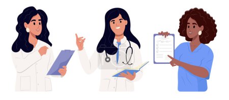 Doctors holding clipboard, examination notes, medical documents, test results, prescription papers, in hands, talking. Vector flat illustration isolated on white