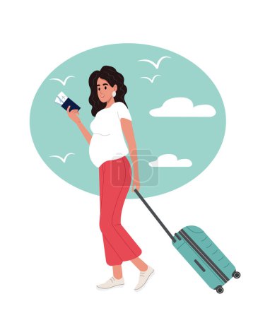 Ilustración de Mujer embarazada joven, turista de vacaciones con maleta Viaje en avión, vuelo durante el embarazo - Imagen libre de derechos