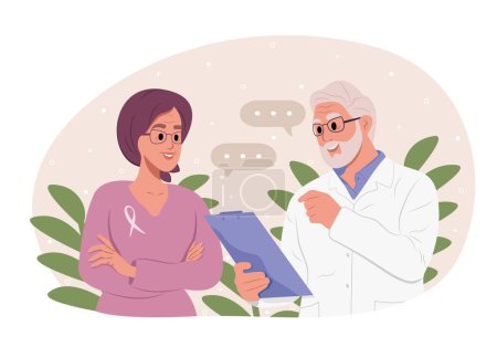 Doctor talking to cancer patient woman in headscarf. Vector template for banner, greeting card, poster
