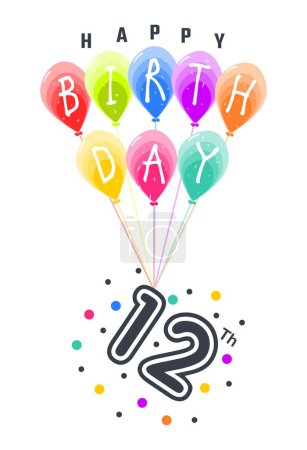 Téléchargez les photos : Bonne célébration du 12e anniversaire, attaché à des ballons de fête colorés - en image libre de droit