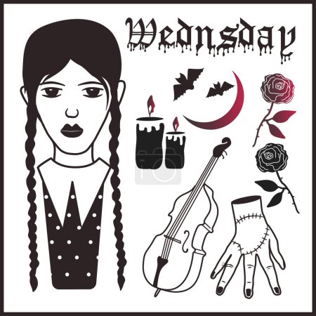 Vector set with Wednesday Addams with her friend Thing hand, double bass, candles with mystical mood. 