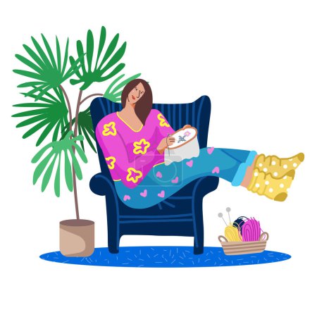 Téléchargez les illustrations : Sérénité piquante : Illustration de passe-temps de point croisé mettant en vedette la jeune femme se relaxant dans la chaise bleue - en licence libre de droit