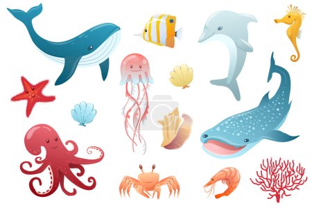 Illustration for Vector under the sea set. Ocean collection with whale, shark, crab, octopus, fish, cartoon water animals for kids. Clipart with starfish, seashell, dolphin - Royalty Free Image