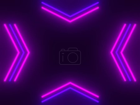 Abstraktes blaues und rosafarbenes Neonleuchten im dunklen Hintergrund mit Kopierraum in der Mitte, 3D-Rendering