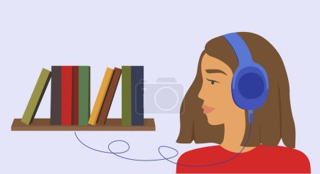 People listen to sound in headphones, podcast app on smartphone, podcaster speaks into microphone or audiobook. Radio Dj, blogging. A girl reads the news, speaks into a microphone an online show.musi