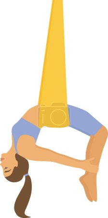 Illustration for Girl does yoga in hammocks. Stretching exercises. inverted yoga pose in a hammock. Anti-gravity relaxation and aerial yoga classes. Sport healthy lifestyle and fitness workout. yoga in hammocks - Royalty Free Image