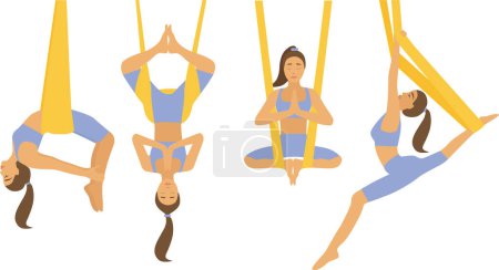 Illustration for Girl does yoga in hammocks. Stretching exercises. inverted yoga pose in a hammock. Anti-gravity relaxation and aerial yoga classes. Sport healthy lifestyle and fitness workout. yoga in hammocks - Royalty Free Image
