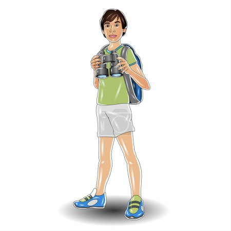 Téléchargez les photos : Jeune homme avec un sac à dos et des jumelles. Illustration vectorielle. - en image libre de droit