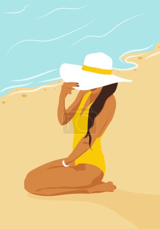 Photo for Girl on the beach with hat. Girl on the beach. The girl at the sea. A woman in a swimsuit. Summer vector illustration - Royalty Free Image