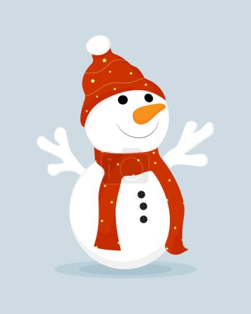 Snowman in a hat and scarf. Funny snowman. Christmas illustration. Vector illustration