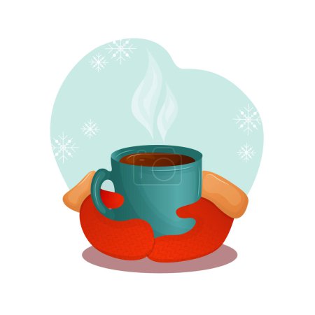 Manos en guantes de invierno sosteniendo una taza de café. Ilustración vectorial de invierno que representa taza caliente de té o capuchino.
