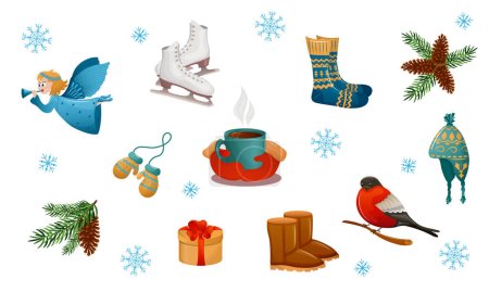 Collection of winter attributes, winter elements. Vector set of winter icons or stickers, winter postcard.