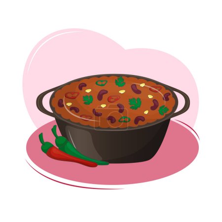 Illustration for Mexican food is a spicy dish with meat and beans chili con carne in cast iron pot. Traditional Latin American cuisine. Vector illustration. Cartoon. - Royalty Free Image