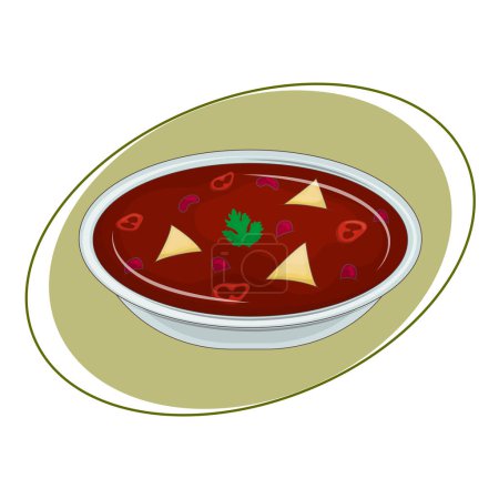 Illustration for Mexican tomato soup with beans and hot peppers. Hot vegetarian vegetable soup in bowl. Latin American traditional cuisine. Vector illustration. Cartoon. - Royalty Free Image