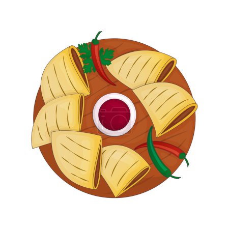 Ilustración de Snack mexicano rápido - Quesadilla con abundante relleno y salsa. Tortillas fritas. Ilustración vectorial. Caricatura. - Imagen libre de derechos