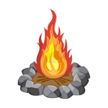 Téléchargez les illustrations : Burning bonfire with wood and stones. Bright fire. Vector illustration isolated on white isolated background. - en licence libre de droit