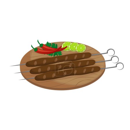 Ilustración de East Asian dish - kebab. Minced meat on skewer with lime greens. Vector illustration. Cartoon. - Imagen libre de derechos