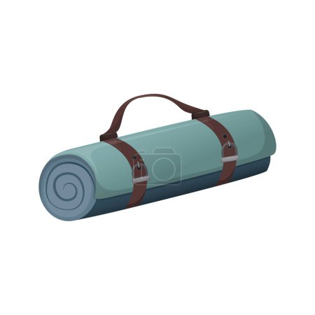 Téléchargez les illustrations : Blue roll-up camping mat. Yoga mat. Warm blanket. Cartoon vector illustration on isolated white background. - en licence libre de droit