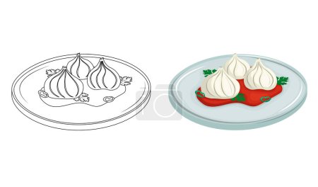 Illustration for Momo is Tibetan manty. Kids coloring book for elementary school. Asian traditional cuisine. Steamed food, khinkali, Chinese dumplings. Vector illustration. - Royalty Free Image